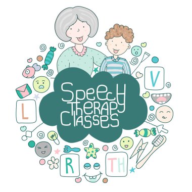 Kavramı konuşma terapisi logosunu görmeniz gerekir. Okul konuşma geliştirme. Konuşma terapisti ve sevimli kawaii simgeler kümesi sınıfları. Evreleme sesler. Çocuk karikatür tarzı resimde vektör