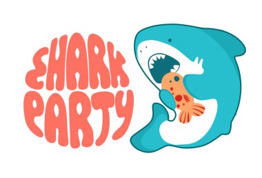 Shark vektör karikatür deniz balığı, sevimli yeme balık, kawaii tarzı komik illüstrasyon ve bebek köpekbalığı yazı