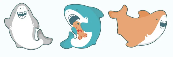 Rekiny wektor kreskówka Seafish, cute uśmiechy i fale fin w Kawaii stylu ilustracji — Wektor stockowy
