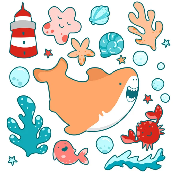 Niedlichen Hai schwimmt freundlich zwischen Meerespflanzen und Tieren, lustige kawai Illustration — Stockvektor