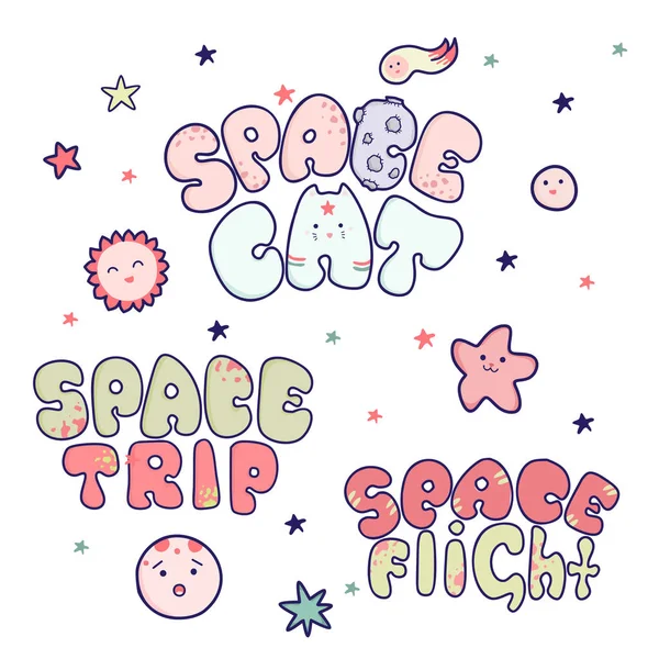 Kawaii tecknade bokstäver, inskriptionen utrymme katt, rymdfärd, rymdflygning — Stock vektor