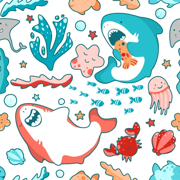 Mignon motif marin sans couture avec requins kawaii, animaux et algues, monde sous-marin — Image vectorielle