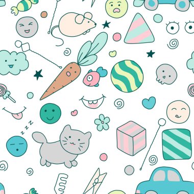 Şirin karalamalı kusursuz kawaii çocuk deseni. Hoş bir illüstrasyon. Etiket, yama, telefon kılıfı, poster, tekstil, tişört, kupa ve diğer tasarım için kullanılabilir..