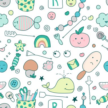 Şirin karalamalı kusursuz kawaii çocuk deseni. Hoş bir illüstrasyon. Etiket, yama, telefon kılıfı, poster, tekstil, tişört, kupa ve diğer tasarım için kullanılabilir..