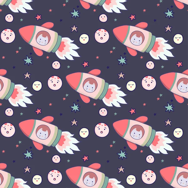 Japanese kawaii cat travels in space seamless pattern. Vector funny animals clip art.