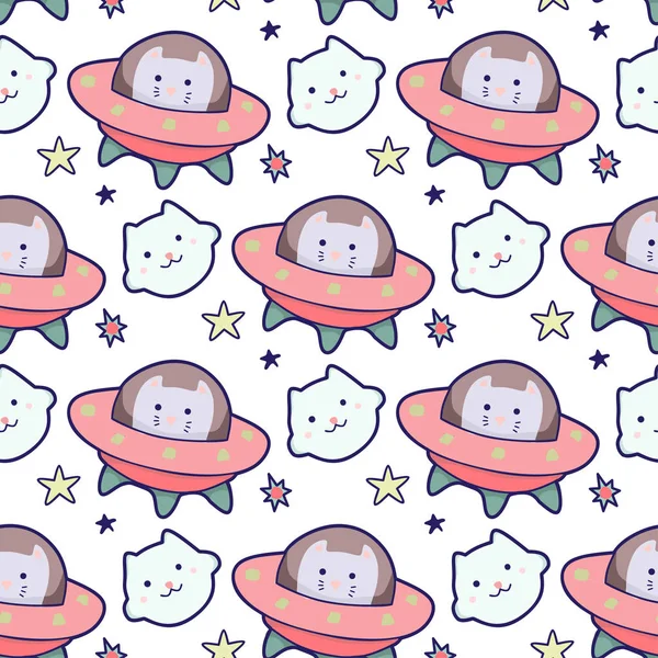 Japanese kawaii cat travels in space seamless pattern. Vector funny animals clip art.