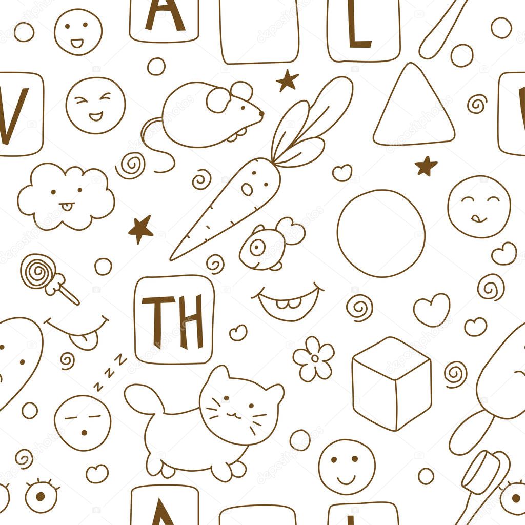 Seamless kawaii child pattern with cute doodles. Cute illustration. It can be used for sticker, patch, phone case, poster, textile, t-shirt, mug and other design.