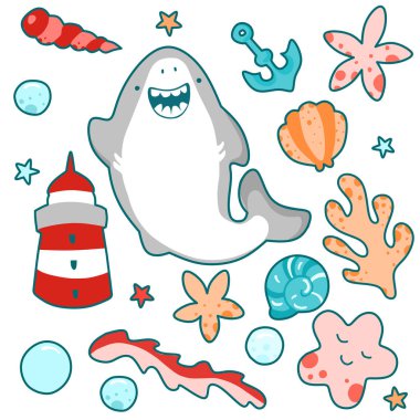 Sevimli köpekbalığı deniz bitkileri ve hayvanlar arasında dostça yüzer, komik kawai illüstrasyon