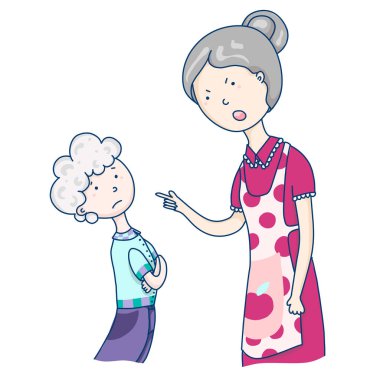 Anne oğlunu azarlar, anne ile ilişkileri, duygusal sahne. Vektör karikatür illüstrasyon