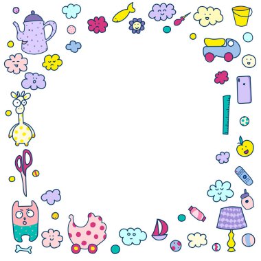 Çocuk çerçeve, sevimli oyuncaklar ve mobilyalar, sevimli yüzler
