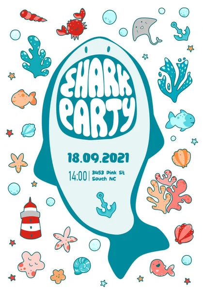 Invitation sea party, shark teeth lettering, shark party — Stock Vector