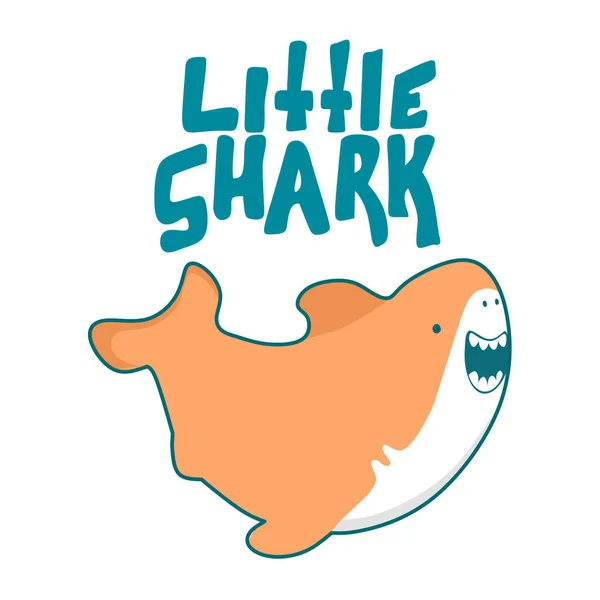 Tubarão vector cartoon seafish, sorrisos bonitos e ondas barbatana em kawaii estilo ilustração e lettering Little Shark —  Vetores de Stock