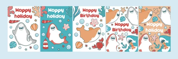 Tarjeta de mar para cumpleaños de niños. Lindo bebé ilustración de un tiburón come pescado — Vector de stock