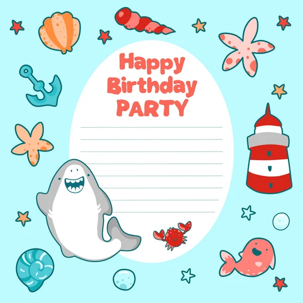 Modèle de cadre rond pour enfants de mer, illustrations marines mignonnes, requin de bande dessinée et personnages drôles . — Image vectorielle