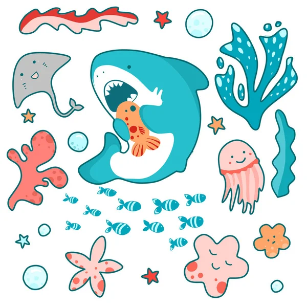 Mignon requin nage dans la mer et mange des poissons, illustration amusante dans le style kawaii — Image vectorielle