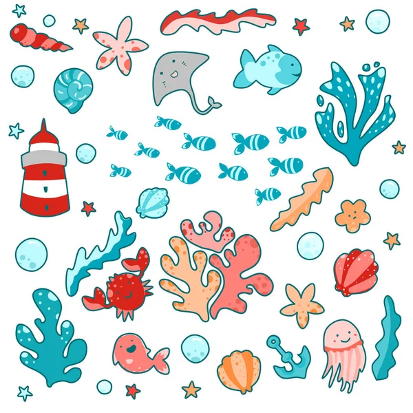 かわいい海のイラスト、海の要素、和風 — ストックベクタ