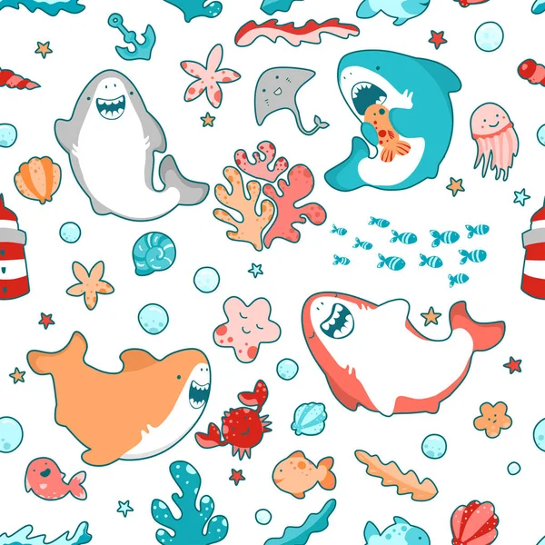 Cute laut pola mulus dengan kawaii hiu, hewan dan ganggang, dunia bawah laut - Stok Vektor