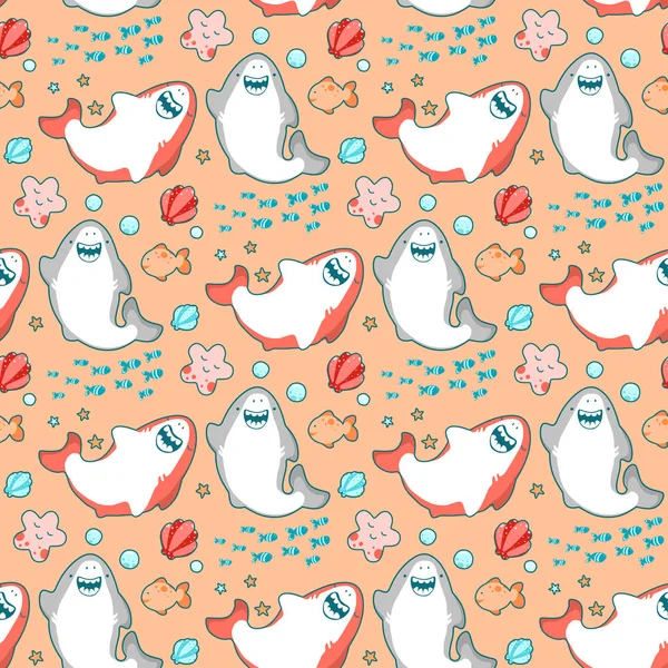 Modèle sans couture requins souriants saluent, Kawai Emoji, illustration mignonne dans le style japonais — Image vectorielle