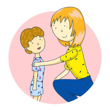 Annem oğluyla konuşuyor. Ana destek kavramı. Vektör Illustration
