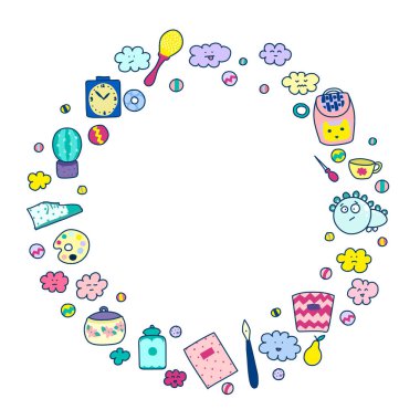 Çocuk çerçeve, sevimli oyuncaklar ve mobilyalar, sevimli yüzler