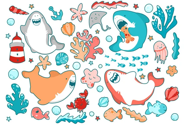 Simpatici eroi del mare, squali divertenti, sorridono emotivamente, nuotano nell'oceano tra alghe, pesci e animali. Serie di illustrazioni in stile giapponese — Vettoriale Stock