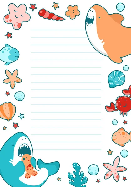 海の子供の丸いフレーム、かわいい海のイラスト、漫画のサメと面白い文字のテンプレート. — ストックベクタ