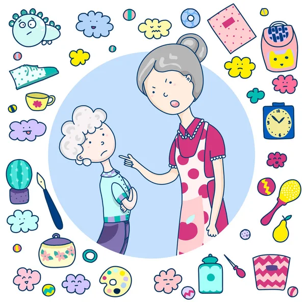 Mom scolds her son, relationships with parents, emotional scene. Icons toys, household items, emoji. Vector cartoon illustration — Stock Vector