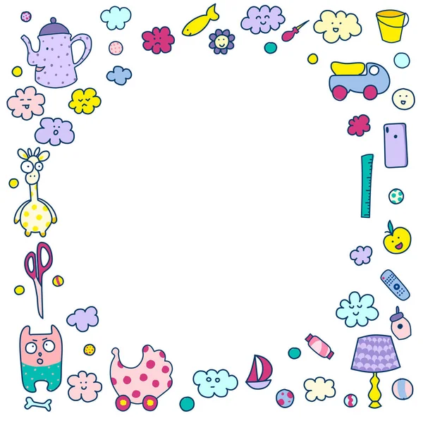 Çocuk çerçeve, sevimli oyuncaklar ve mobilyalar, sevimli yüzler