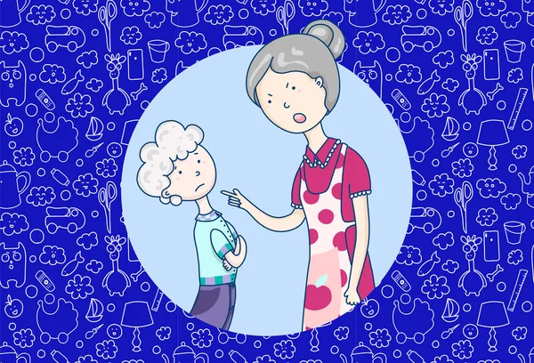Mutter schimpft auf ihren Sohn, Beziehung zu Eltern, emotionale Szene. Vektor Cartoon Illustration — Stockvektor