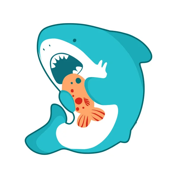 Tubarão vector cartoon seafish, peixe comendo bonito, ilustração engraçada em estilo kawaii —  Vetores de Stock