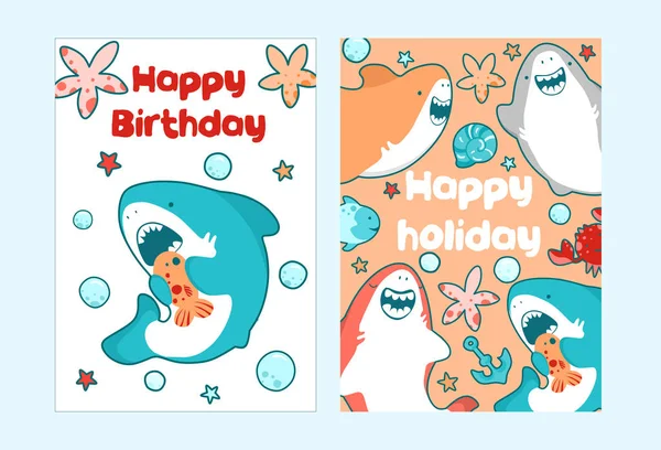 Tarjetas de mar para cumpleaños de niños. Lindo bebé ilustración de un tiburón — Vector de stock