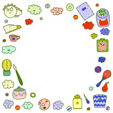 Çocuk çerçeve, sevimli oyuncaklar ve mobilyalar, sevimli yüzler