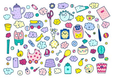 Ev eşyaları tabakları, oyuncaklar, evde bulunabilecek her şey. Komik Kawaii çizimler