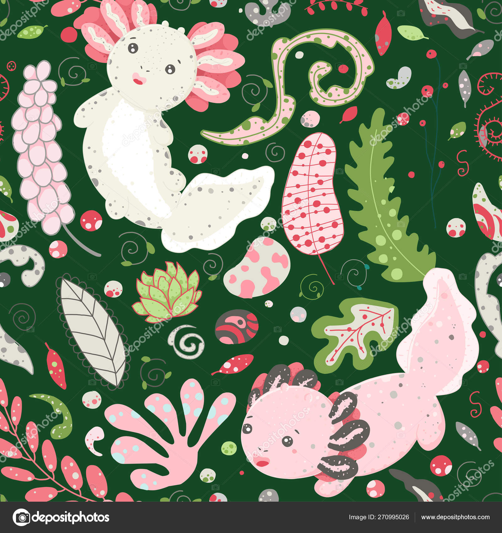 Axolotl Drawing Cute Cute Kawaii Axolotl Baby Amphibian Drawing Cute Animal Drawing Funny Cartoon Illustration Floral Seamless Pattern With Elements Of Flora Leaves Twigs Berries Stones Stock Vector C Lviktoria25