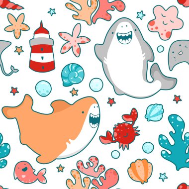 Dikişsiz desen gülümseyen köpekbalıkları selamlıyorum, Kawai Emoji, Japon tarzı sevimli illüstrasyon