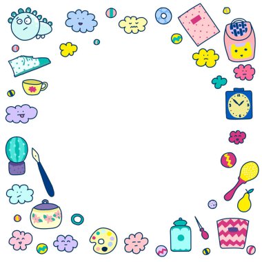 Çocuk çerçeve, sevimli oyuncaklar ve mobilyalar, sevimli yüzler