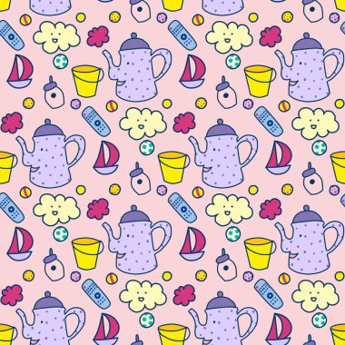 Dikişsiz desen, ev eşyaları oyuncaklar, kaktüs, yemekler. Kavayny yüzleri, duygular, ifadeler