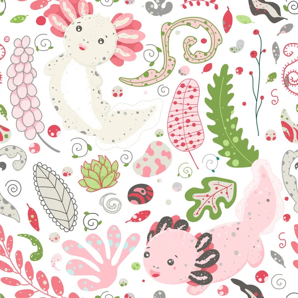 可爱的Kawaii axolotl，婴儿两栖动物画。可爱的动物画，有趣的卡通插图。花卉无缝图案与植物，叶子，树枝，浆果，石头元素 — 图库矢量图片