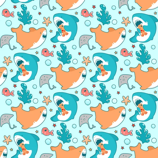 Mignon motif marin sans couture avec requins kawaii, animaux et algues, monde sous-marin — Image vectorielle
