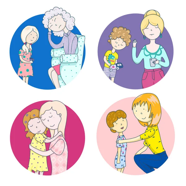Αυτές οι διαφορετικές μαμάδες. Ψυχολογία των γονέων. Σκηνές από την οικογενειακή ζωή, σχέση με τη μητέρα, προβλήματα των παιδιών, αγάπη και παρεξήγηση — Διανυσματικό Αρχείο