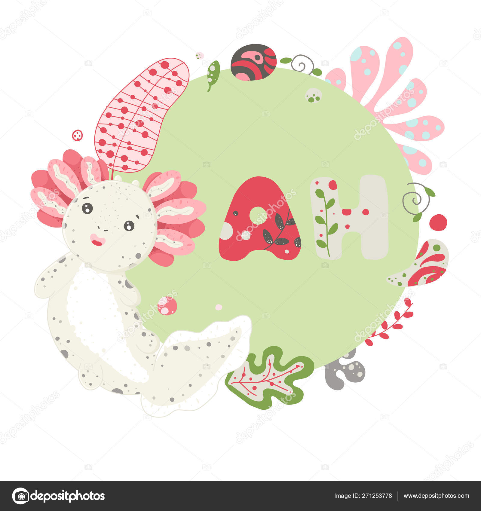 Cute Kawaii Axolotl Baby Amphibian Drawing Cute Frame Background With Elements Of Flora Leaves Flowers Pebbles Lettering Psst Flat Style Design Ambystoma Mexicanum Vector Image By C Lviktoria25 Vector Stock