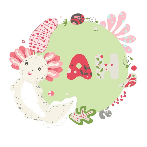 Niedliches kawaii axolotl, Baby-Amphibienzeichnung. niedlichen Rahmen Hintergrund, mit Elementen der Flora, Blätter, Blumen, Kieselsteine. Schriftzug psst. flaches Design. Ambystoma Mexicanum — Stockvektor