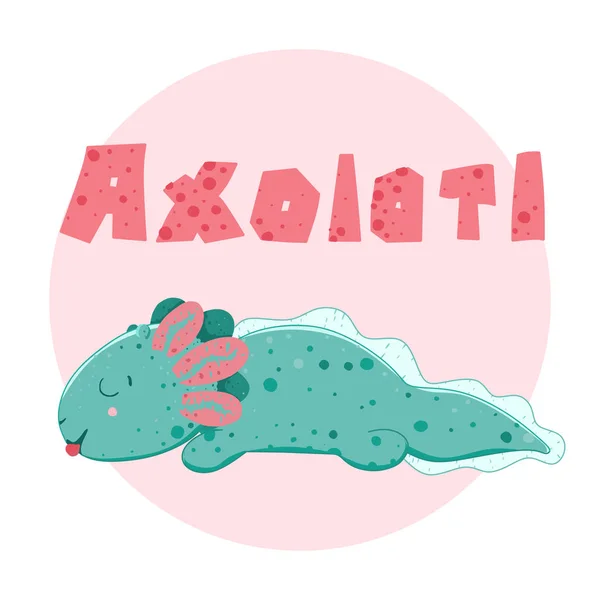 Bonito axolotl Kawaii, desenho de bebé anfíbio. Desenho animal bonito, ilustração engraçada dos desenhos animados. Lettering Axolotl Design de estilo plano. Ambystoma mexicanum —  Vetores de Stock