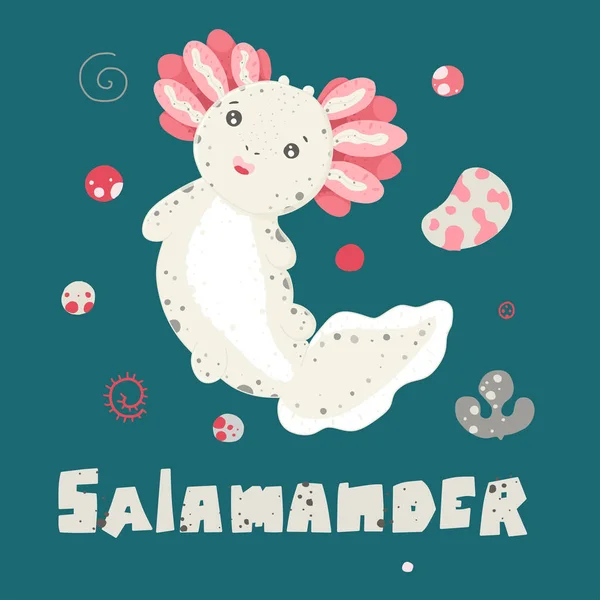 Söt kawaii axolotl, baby amfibiska ritning. Söt djur ritning, rolig tecknad illustration. Lettering Salamander. Platt stil design. Mer från Ambystoma mexicanum — Stock vektor