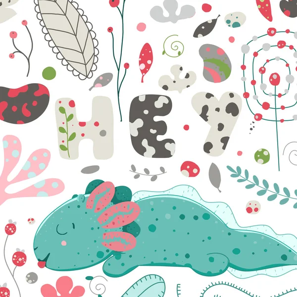可爱的Kawaii axolotl，婴儿两栖动物画。可爱的动物画，有趣的卡通插图。字母嘿。平面式设计。安比托马墨西哥 — 图库矢量图片
