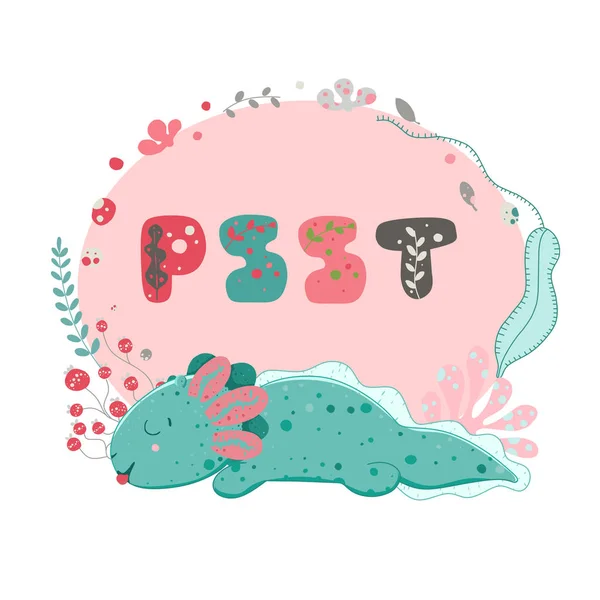 Söt kawaii axolotl, baby amfibiska ritning. Söt ram bakgrund, med inslag av flora, löv, blommor, småsten. Bokstäver Psst. Flat stil design. Mer från Ambystoma mexicanum — Stock vektor