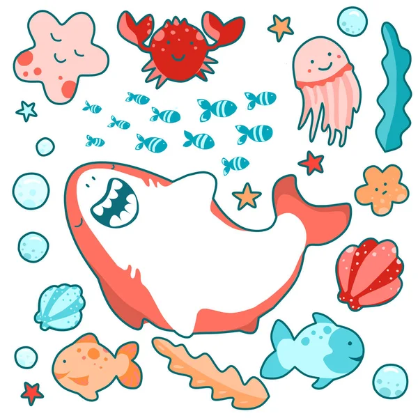 Mignon requin nage à l'amiable parmi les plantes et les animaux de mer, drôle illustration kawai — Image vectorielle