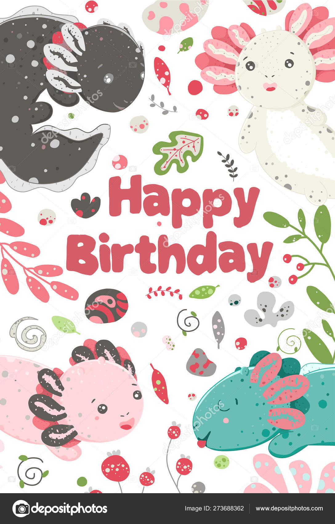 Cute Drawing Happy Birthday Cute Summer Kawaii Axolotl Baby Amphibian Drawing Happy Birthday Greeting Card With Lizard Flat Style Design Ambystoma Mexicanum Stock Vector C Lviktoria25