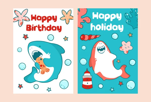 Tarjetas de mar para cumpleaños de niños. Lindo bebé ilustración de un tiburón — Vector de stock