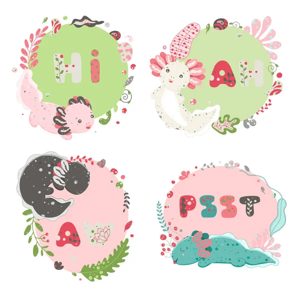 Lindo axolotl Kawaii, dibujo de anfibios bebé. Lindo marco de fondo, con elementos de flora, hojas, flores, guijarros. Letras Psst. Diseño de estilo plano. Ambystoma mexicanum — Vector de stock